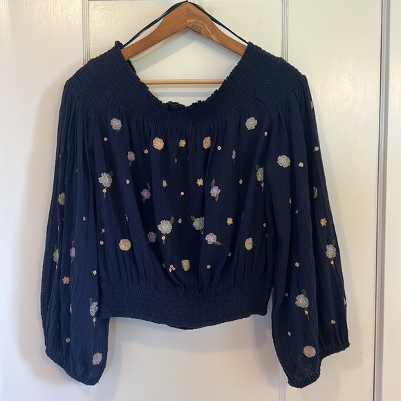 Free People Embroidered Off the Shoulder Top | Navy Size - Large - Picture 11 of 13